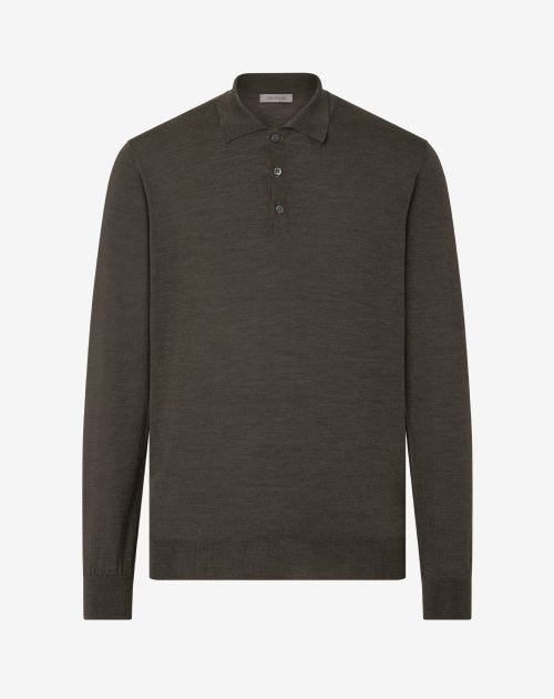 Legergroen gemêleerd poloshirt met knopen van ultrafijne wol