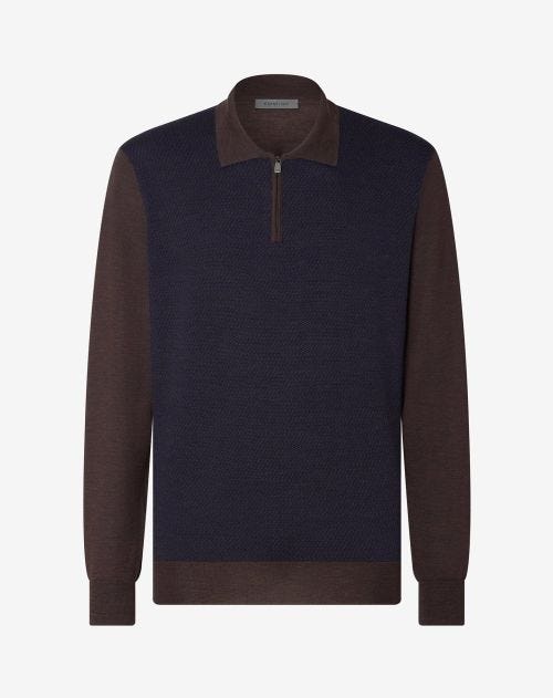 Bruin/korenblauw jacquard-poloshirt met rits van extrafijne wol