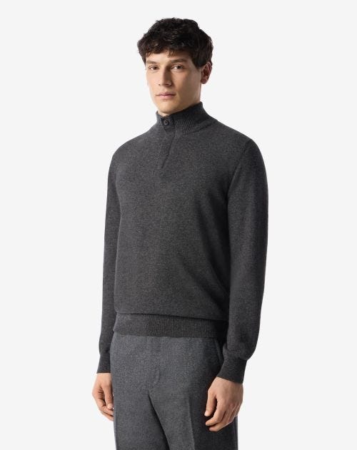 Dark melange grey cashmere button-up jumper