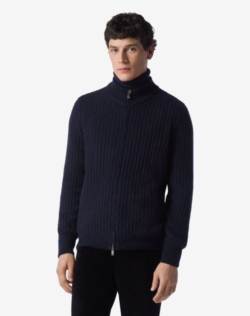 Navy blue eco-cashmere full zip jumper