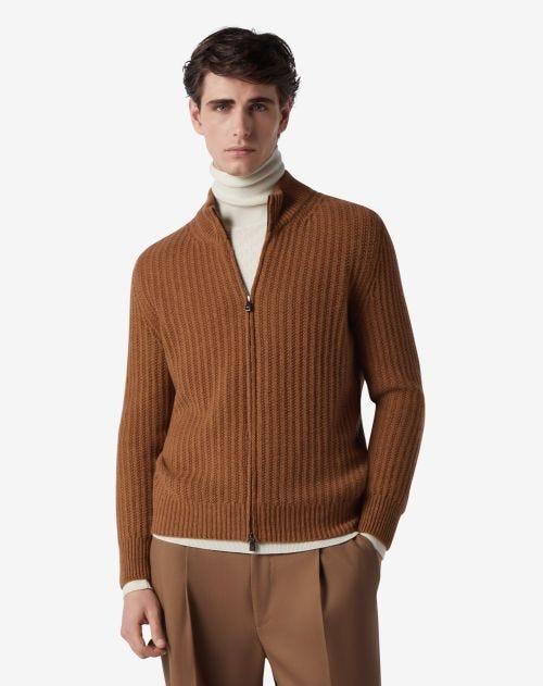 Tobacco brown eco-cashmere full zip jumper