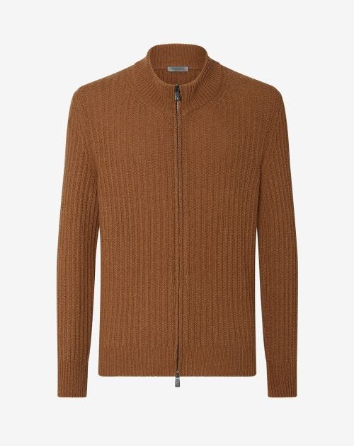 Tobacco brown eco-cashmere full zip jumper