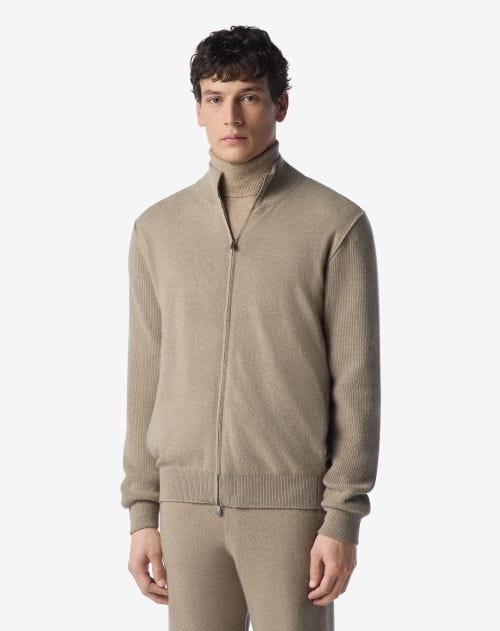 Camelkleurige full-zip trui van wol en kasjmier