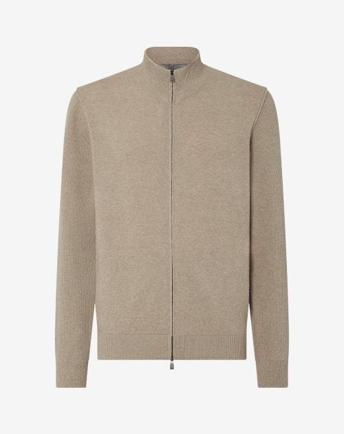 Camelkleurige full-zip trui van wol en kasjmier