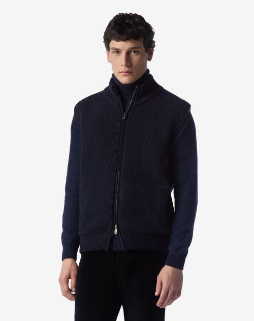 Navy blue wool and cashmere full zip jumper