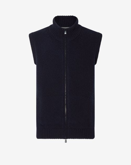 Navy blue wool and cashmere full zip jumper